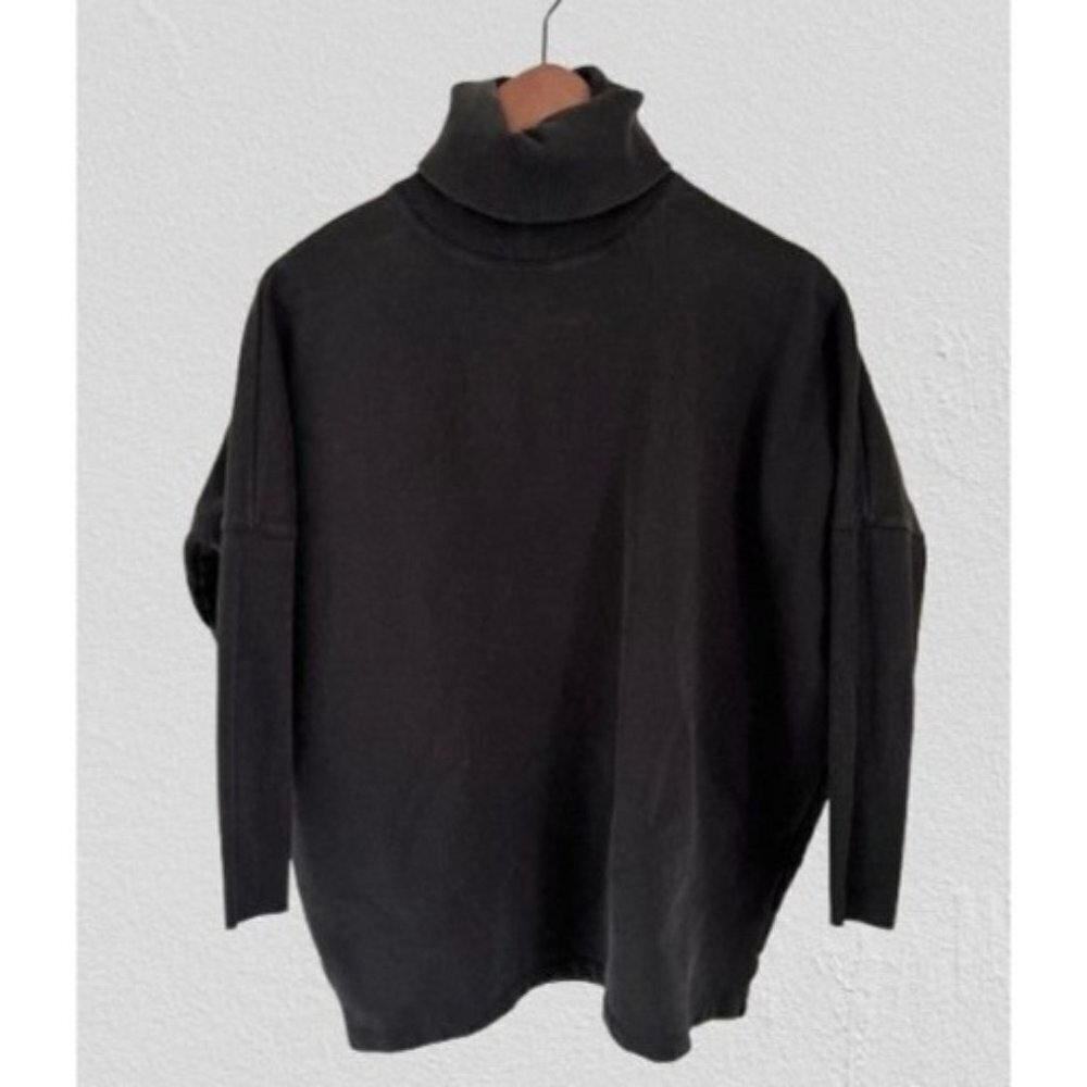 COS Turtleneck Oversized Sweatshirt Ribbed 3/4 Sleeves Black Terry Cotton Size X